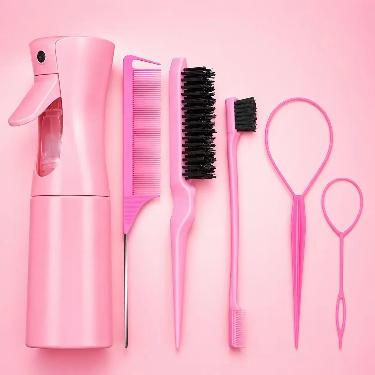 6PCS Hair Styling Kit for Kids & Adults, Gentle Edge Control & Braiding Tool Set with Spray Bottle, Rat Tail Comb, Edge Brush & Styling Tools for Sleek Edges, Braids, Curls & Daily Hair Care, Hairdressing Set