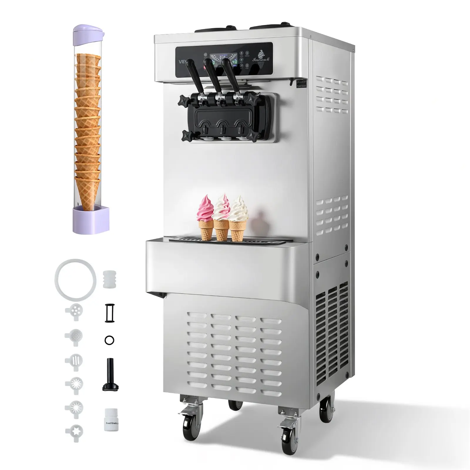VEVOR Commercial Ice Cream Machine, 20-28L/H Yield, 2200W 3-Flavor Freestanding Soft Serve Ice Cream Maker with 2x 6L Hoppers Built-In Puffing Pump, Pre-Cooling Low-Mix Alert for Snack Dessert Shop