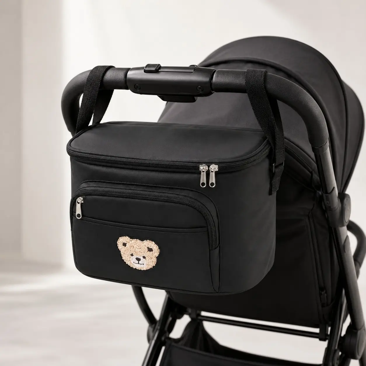 Baby Stroller Hanging Bag, Stroller Accessories, Cute Bear Pattern, Convenient Dual Zipper Main Compartment, Front Pocket, Secure Attachment, & Options