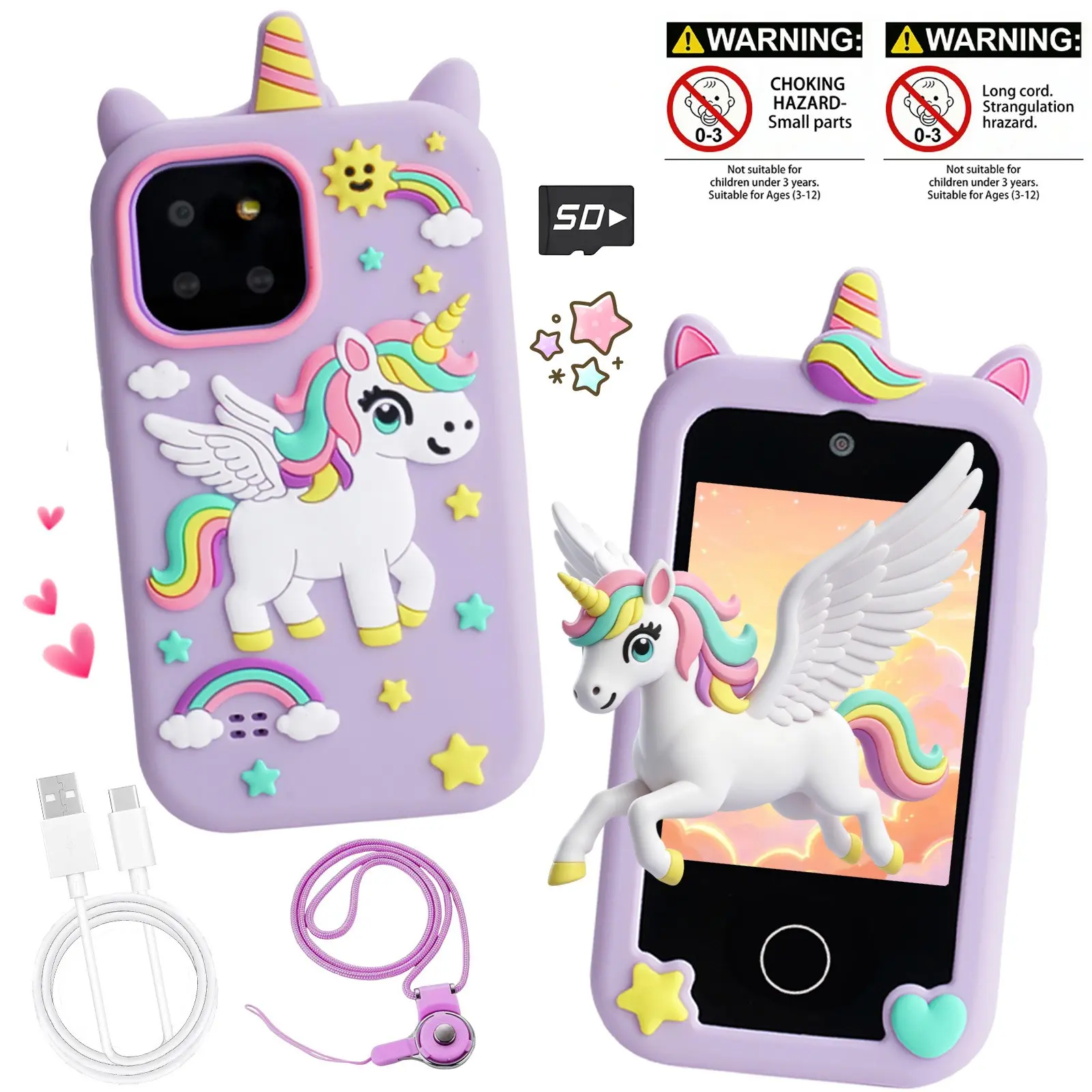 Kids Unicorn Smart Play Phone for Girls, Touch Screen Toy Phone, Dual Lens Camera, Mp3 Music Player, 44 Puzzle Games, Educational Gift