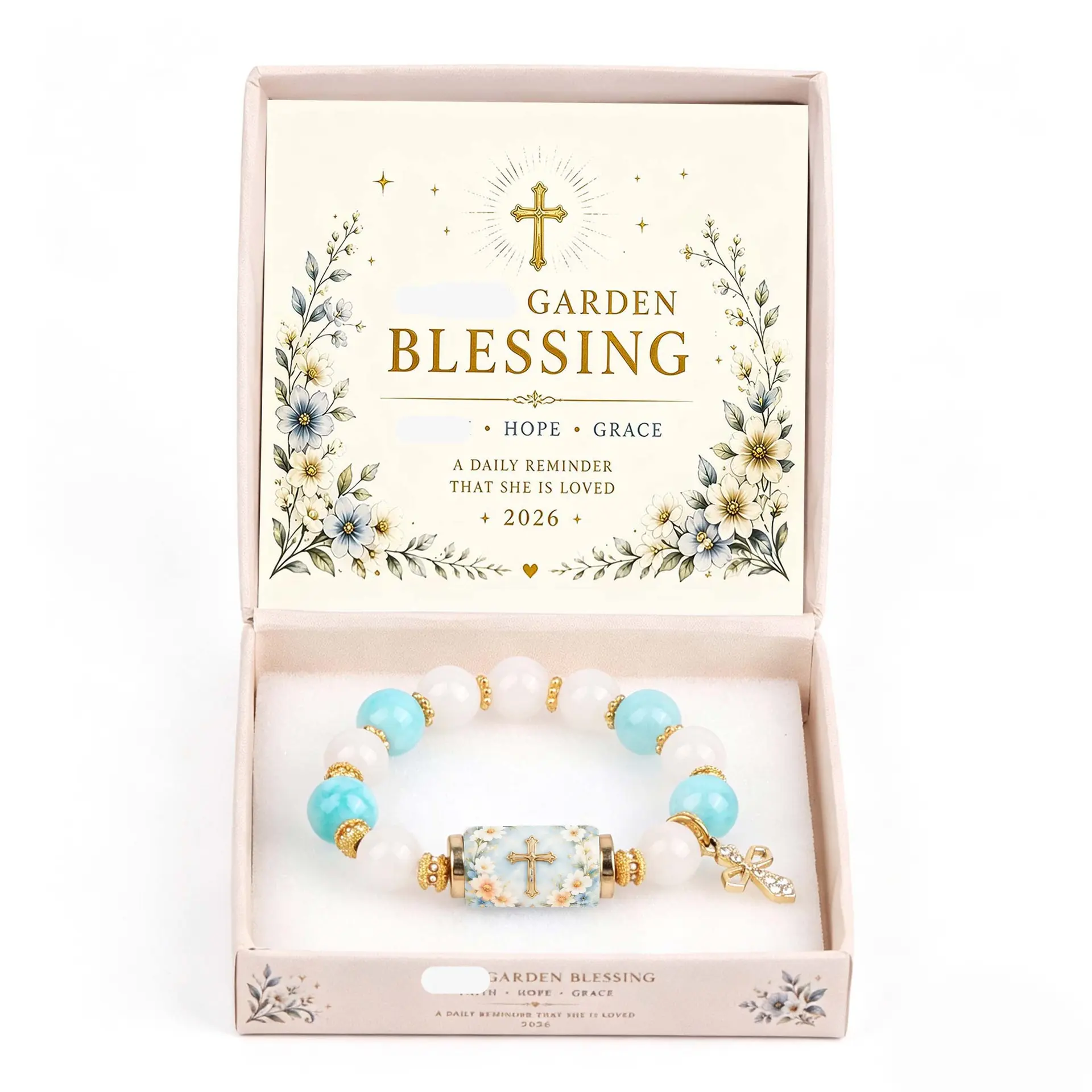 Women's Beaded Cross Bracelet In Blessing Gift Box Tiffany Blue Faith Prayer Jewelry For Daily Devotional Wear Christian Gifts Spiritual Accessory
