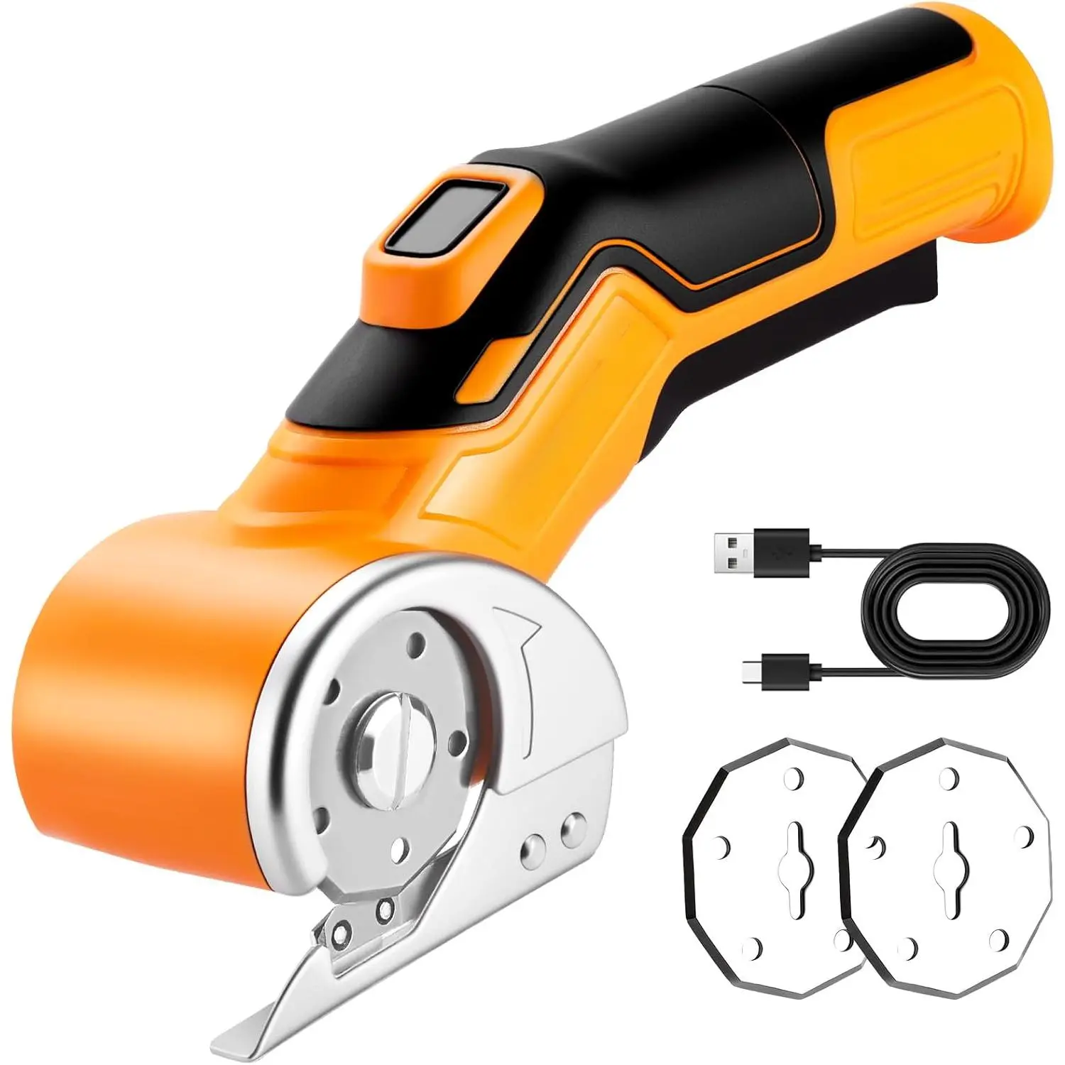 4V 2000mAh Compact Rechargeable Electric Box Cutter - Unisex Handheld Grip Rotary Cutting Tool with Safety Lock, 2 Rotary Blades, Type-C Charging, 389g Carpet Cutter (Yellow)