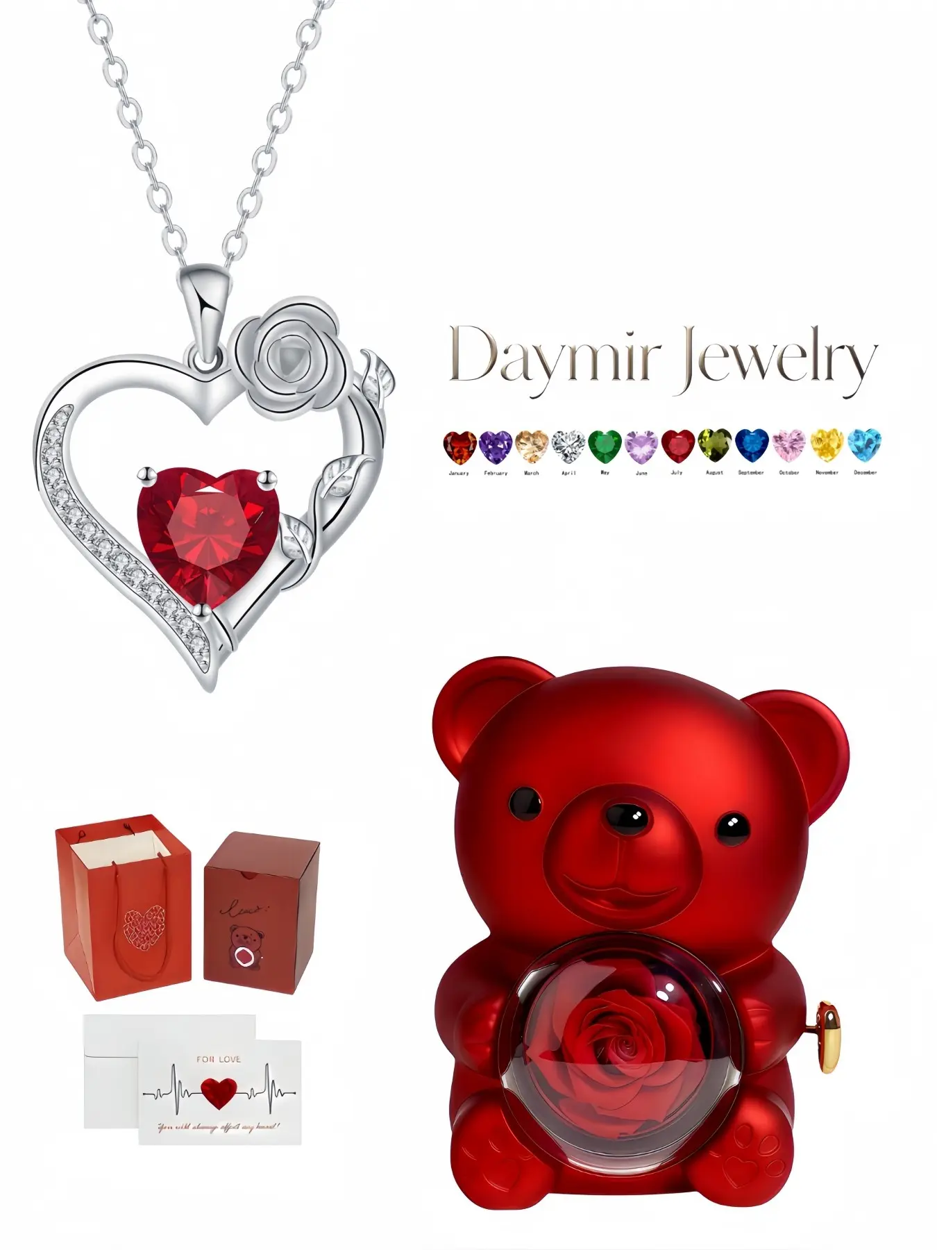 Diamond Heart Rose Promise Necklace, elegant stylish heart rose gem pendant. Packaged in lovely rotating rose bear jewelry box, a lovely surprise gift for birthdays, Mother’s Day and Valentine’s Day.