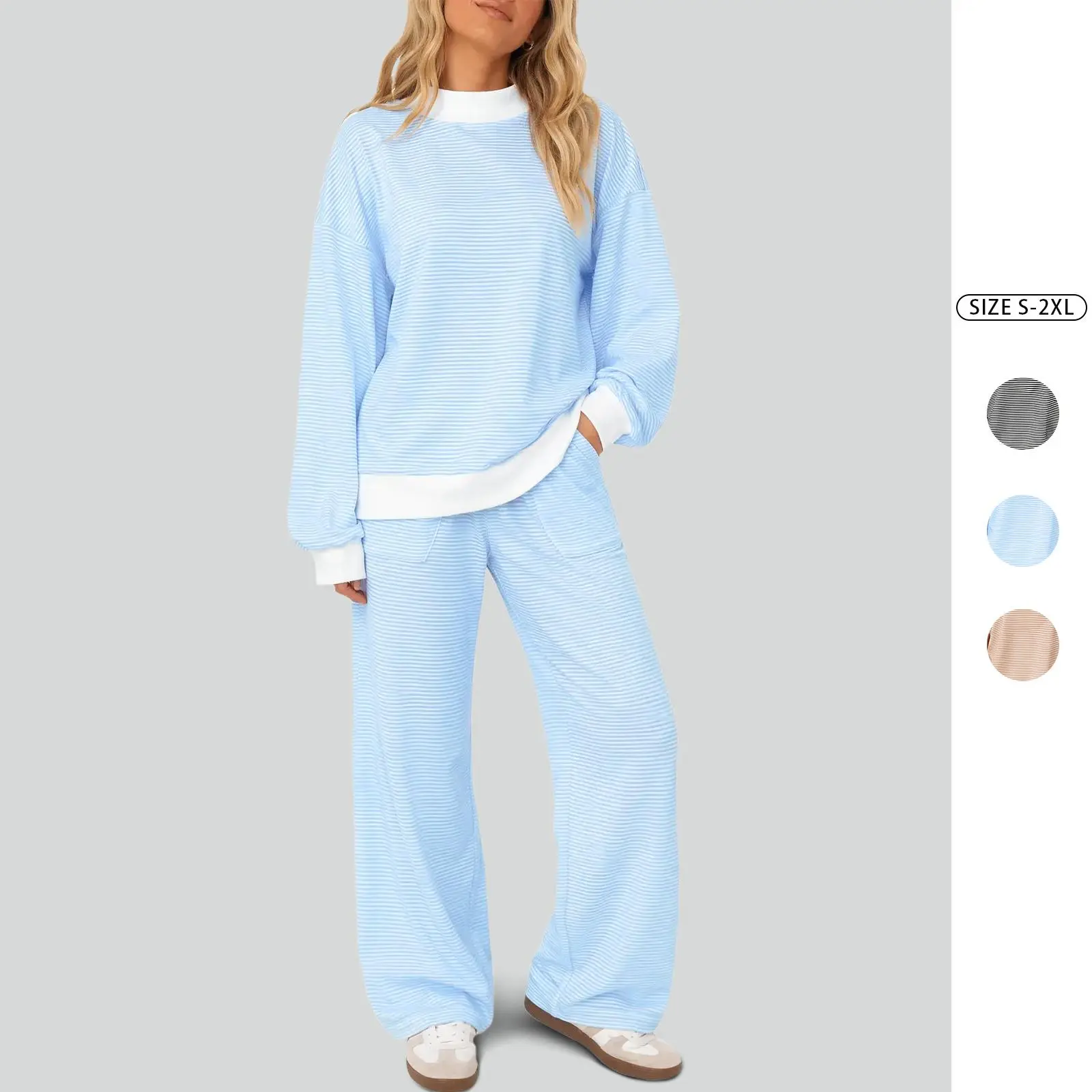 Imily Bela Women’s Blue Striped 2-Piece Lounge Set – Long Sleeve Crewneck Sweatshirt & Wide-Leg Pants Casual Matching Outfit