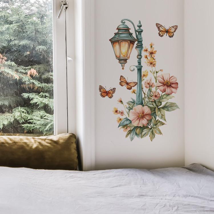 Creative Retro Streetlight Flowers Wall Stickers For Living Room Decor Mural Bedroom Door Home Decoration Self-adhesive Decals