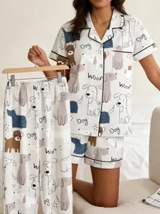 Minimalist Aesthetic Womens Pajamas Set 3 Piece All Season, Cute Doodle Dog Woof Letter Print Button Down Sleepwear, Short Sleeve Top with Shorts & Long Pants, Dog Lover Gift Lightweight Soft Comfy Cozy Breathable Casual Loungewear Nightwear