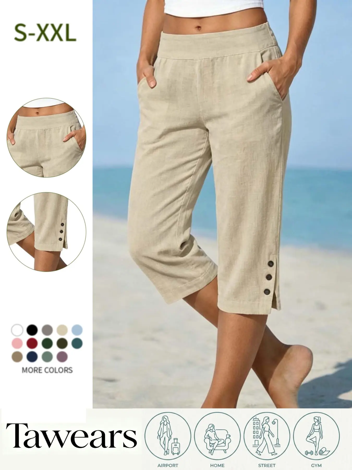 Women's Straight Leg Casual Fit Pants, Elastic Waist, Split Hem, Button Detail, Pockets, Breathable Comfort, Summer Beach Trousers, Weekend Party, Travel