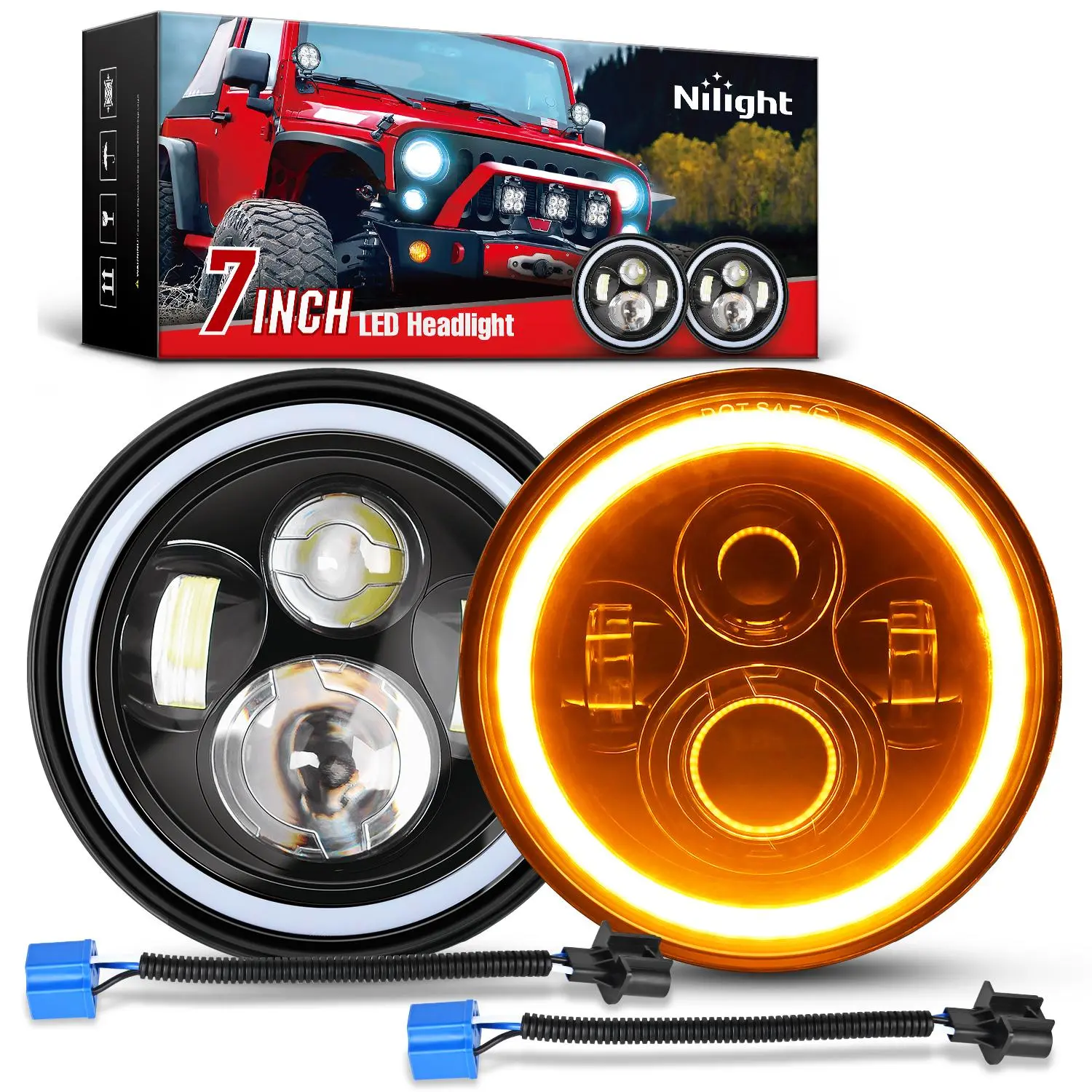 Nilight 2PCS 7in Waterproof High Lumen LED Halo Headlights - Amber White DRL, Turn Signal, High Low Beam Round Headlamps for 2007-2018 Wrangler JK JKU, 1997-2006 TJ Rubicon Sahara, Motorbikes, Headlight Waterproof, High Lumen Headlight