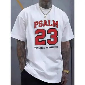1pc Mens Clothes Psalm 23 Scripture Print White TShirt, Unisex Casual Crew Neck Tshirt, Plus Size Men's Clothing 5XL, Lightweight 220gsm Knit Fabric, Machine Washable, For Spring/Summer/Fall Easter/Christmas/Thanksgiving