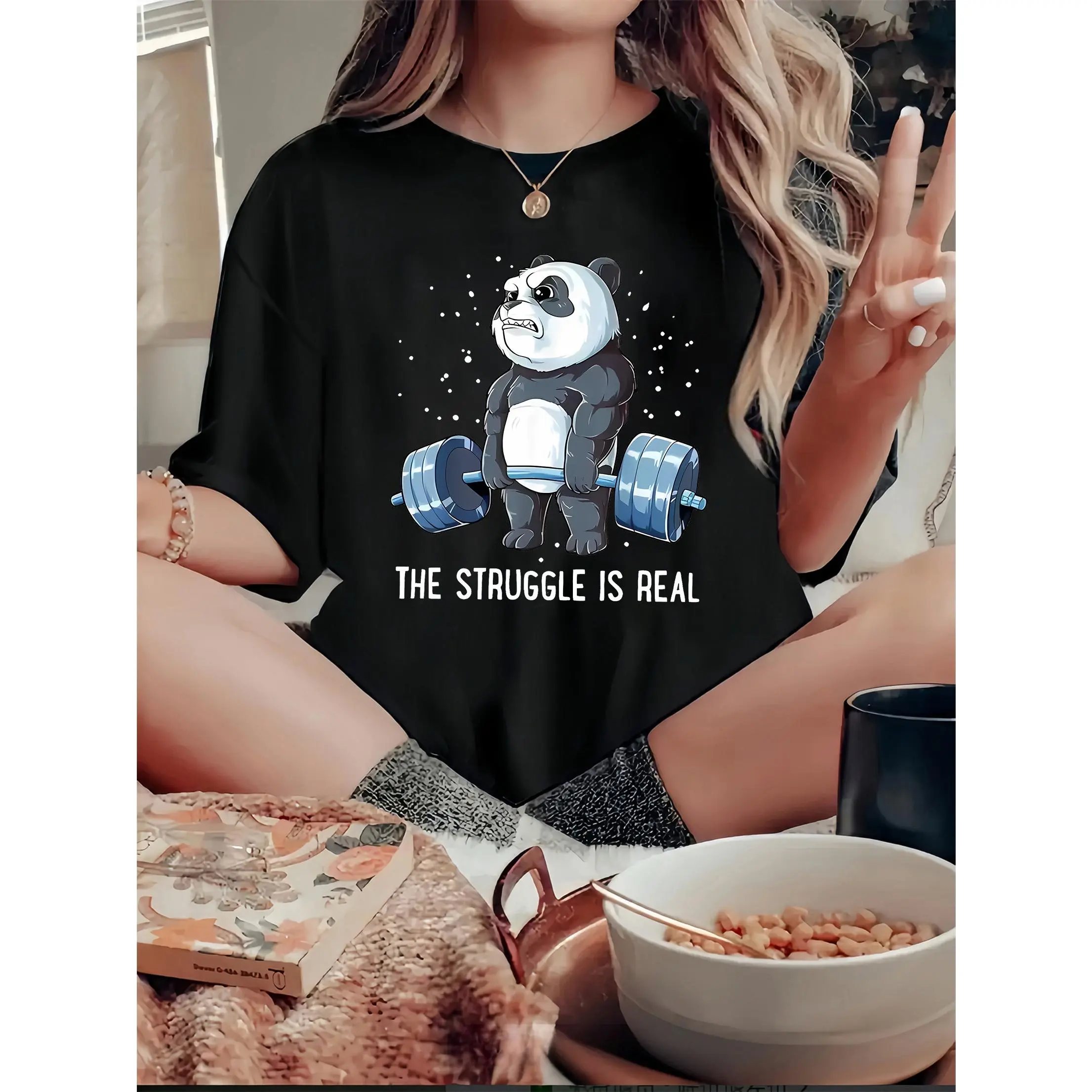 Women's Short Sleeve Cotton Knit Top - Black Round Neck Relaxed Fit T-Shirt with Funny Gym Panda & "The Struggle Is Real" Slogan Print, Machine Washable for Summer Workouts, Lounge Wear, Shortsleeve, Regular Fit, Tshirt, Funny Panda, Fabric, Relaxed Tee