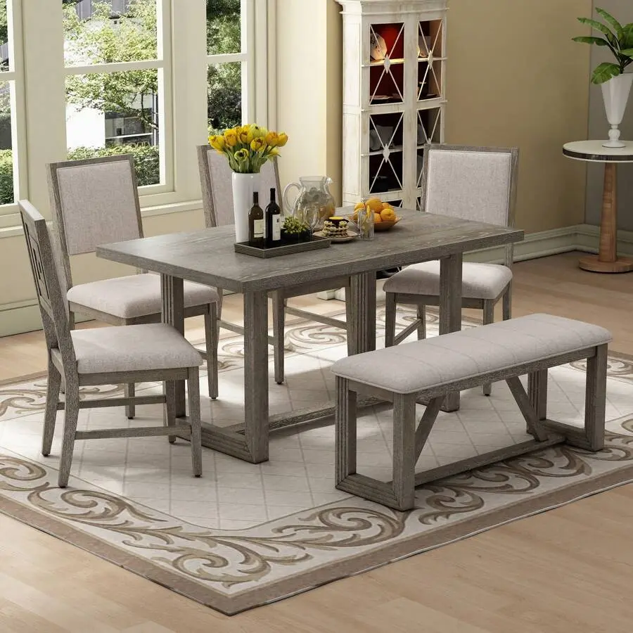 Retro Vintage 6-Piece Indoor Dining Set - Oak Veneer Rectangular Table with Groove-Carve Trestle Base, 4 Upholstered Chairs, 1 High-Capacity Bench for Dining Room