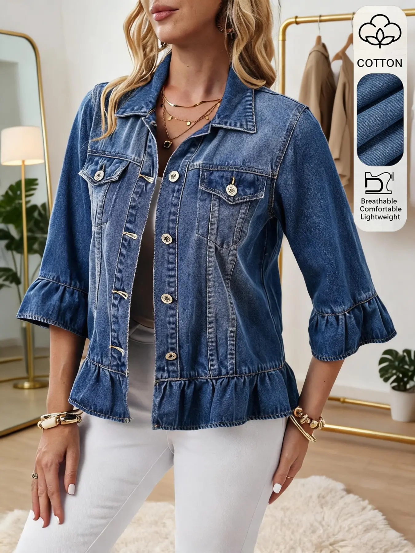 Women's Denim Shirt Jacket Coats, Casual Ruched Lapel Design, Short Loose-Fit Style, Button Closure, Perfect for Parties & Shopping