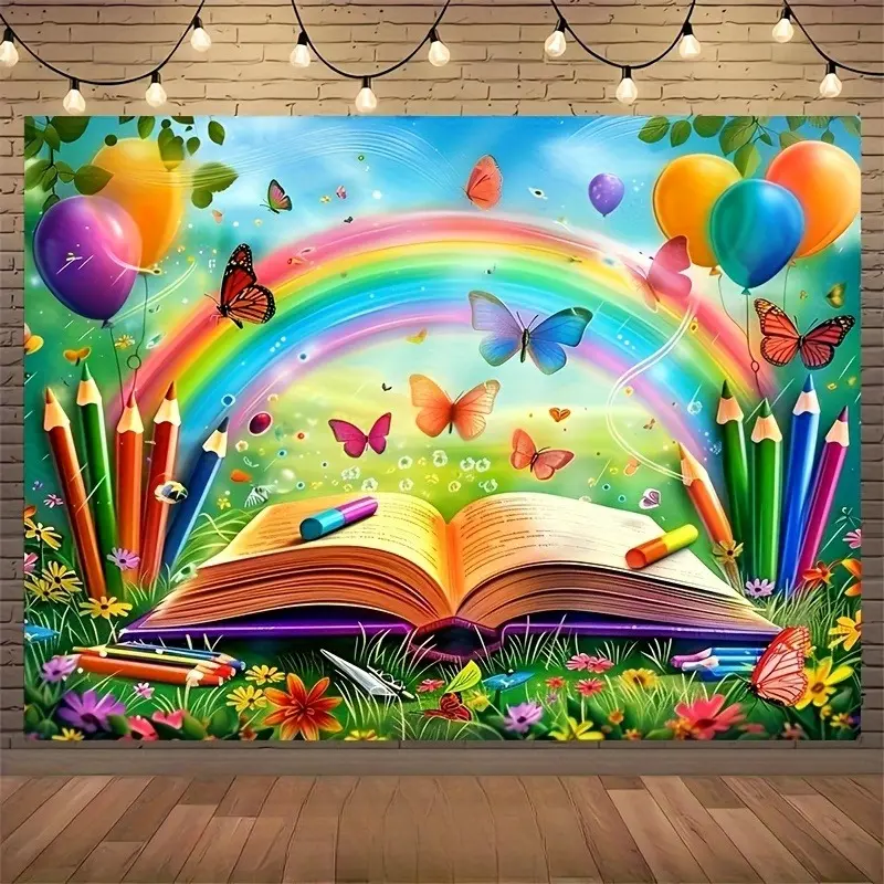 Rainbow Open Book School Backdrop Banner, Educational Theme Decoration for Photography, Party Events, Studio Backgrounds, Live Streaming and Classroom Decor