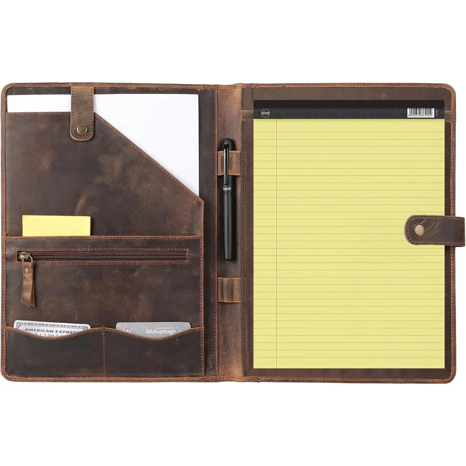 Leather Portfolio Folder with Luxury Pen and Button Closure| Business Padfolio for Professionals| Vintage Organizer with Legal Pad Holder & Card Slots (Distressed Tan)
