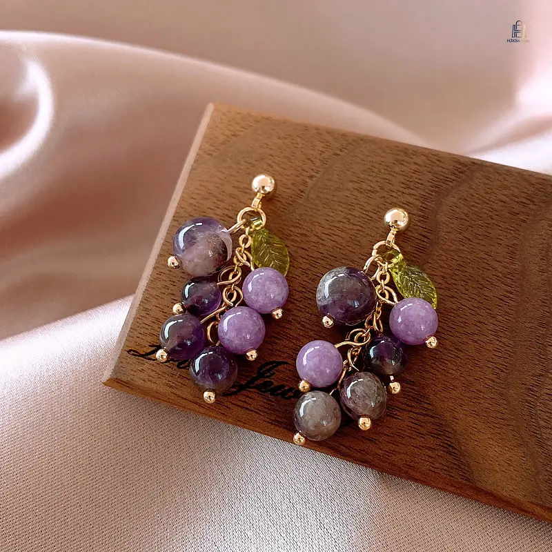 Silver Grape Dangle Earrings Fresh Purple Crystal Forest Style Elegant Small Minimal Women Daily Party Jewelry Gift