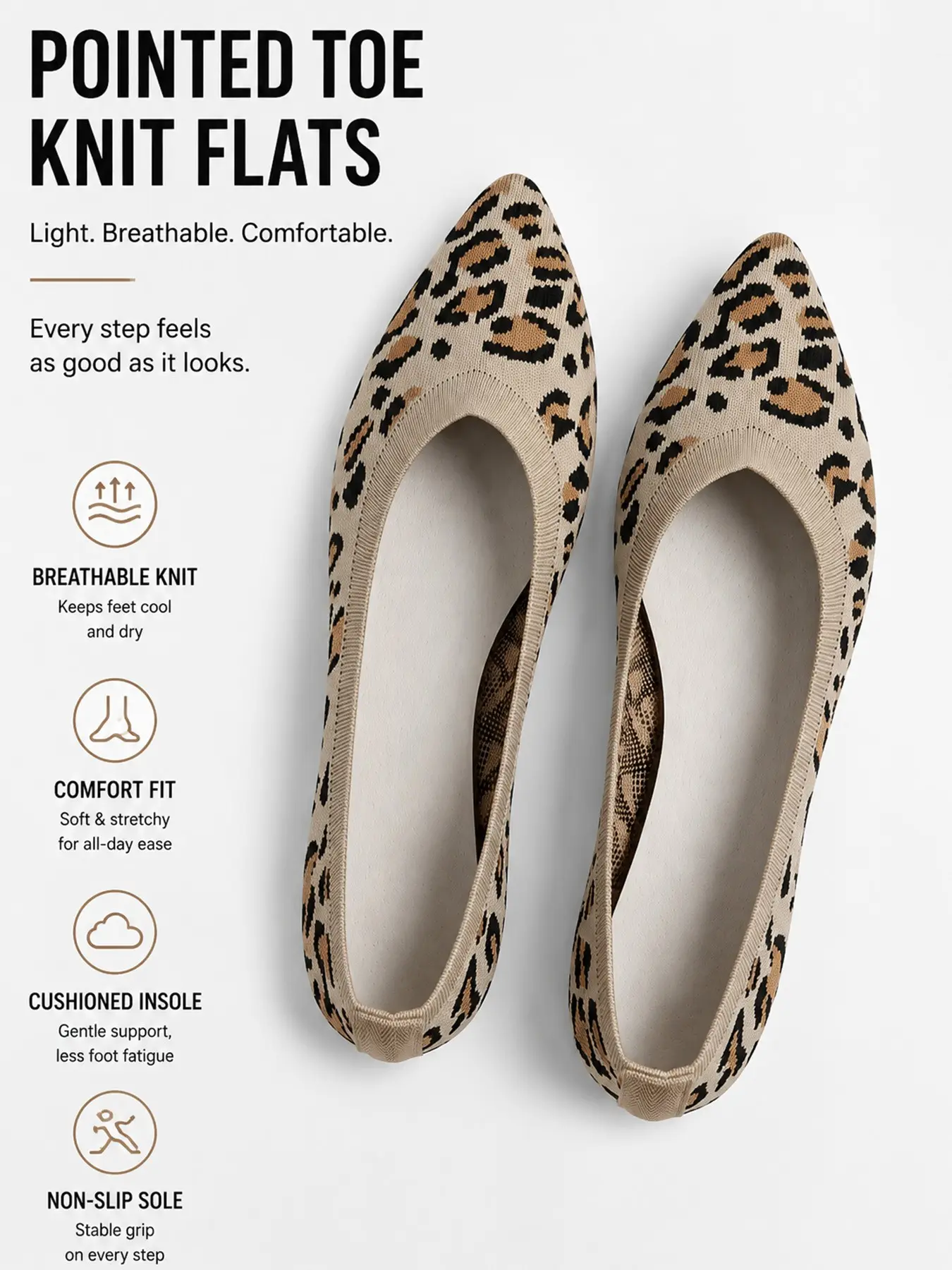 Pointed Toe Ballet Flat Shoes, Leopard Print Knit Fabric Slip-On Low Heel, Breathable Soft Shockproof Anti-Slip Commuter Women's Shoes