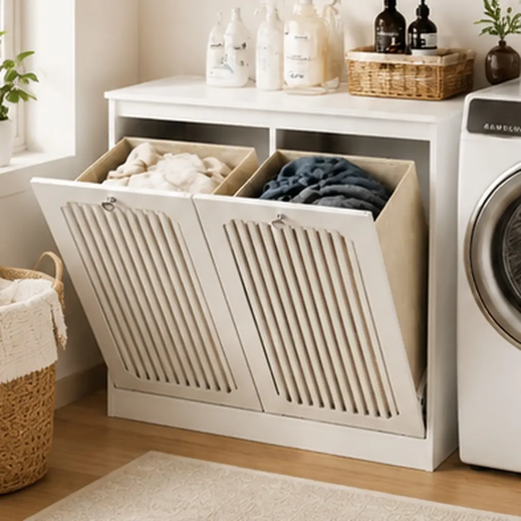 White Mid Century Farmhouse Freestanding Laundry Hamper Cabinet - Louvered Tilt-Out Door, Double Fabric Baskets, Moisture & Mildew Resistant Engineered Wood, Breathable, Easy-Install Floor Organizer for Laundry Area, Bathroom (13.77"W x 25.98"D x 29.92"H)