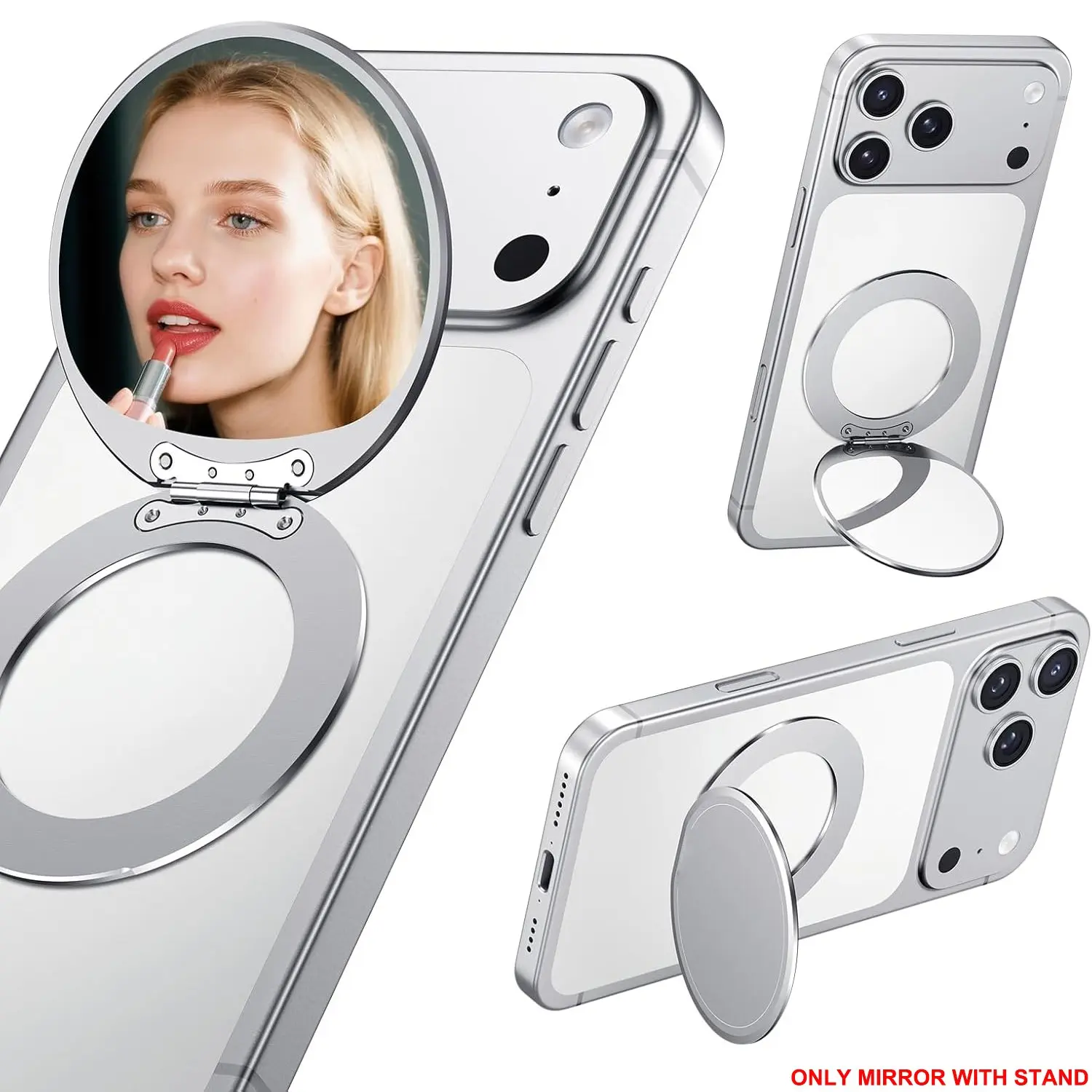 Magnetic Selfie Mirror with Stand for MagSafe, Universal Metal Adjustable Kickstand for iPhone, Slim Phone Mirror for All Smartphone Used for Women Outdoor Makeup