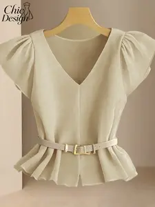Elegant V-Neck Leaf Sleeve Women's T-Shirt, Spring Summer Casual Fashion, Slimming Design, No Belt, Versatile and Stylish