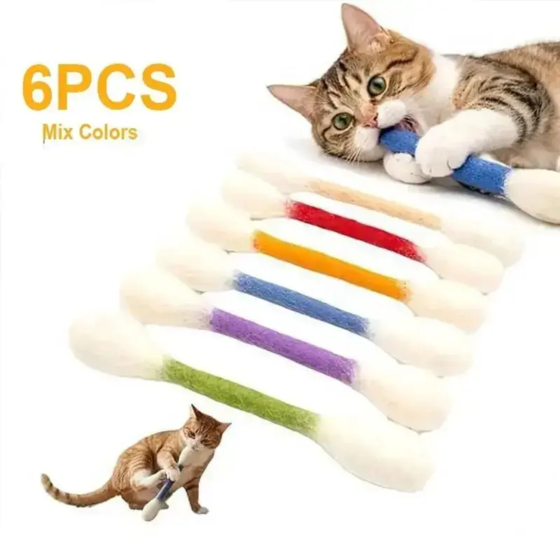 6-Pack Large Size Giant Q-Tip-Shaped Cat Play Toys, Soft Felt Cotton Swab Teething Aid Sticks, Durable Interactive Indoor Fit Accessories for Kittens (Anxiety Relief & Dental Cleaning)