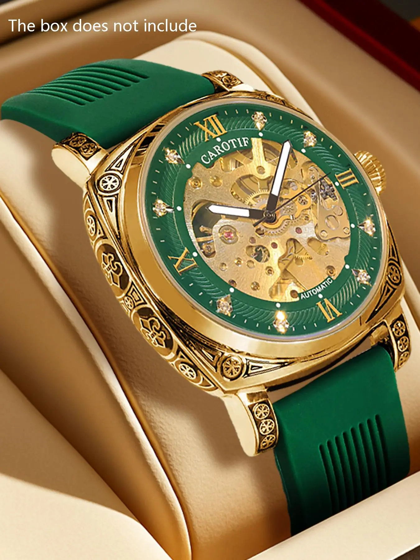 A men's vintage green silicone strap with a carved polygonal large dial and rhinestone hollow out luminous waterproof fully automatic mechanical high quality Luminous Analog watch Skeleton Wristwatch