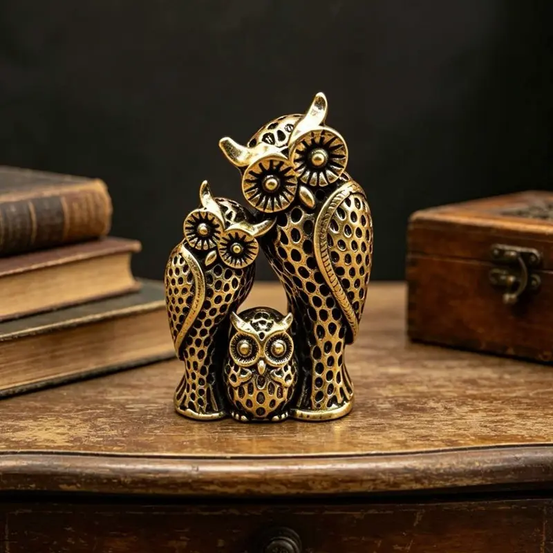 Vintage Brass Owl Family Statue, Animal Statue, Three-Piece Cast Sculpture, Honeycomb Texture Relief, Ideal for Study Room, Office Decor, Unique Gift, Home Decor Statue