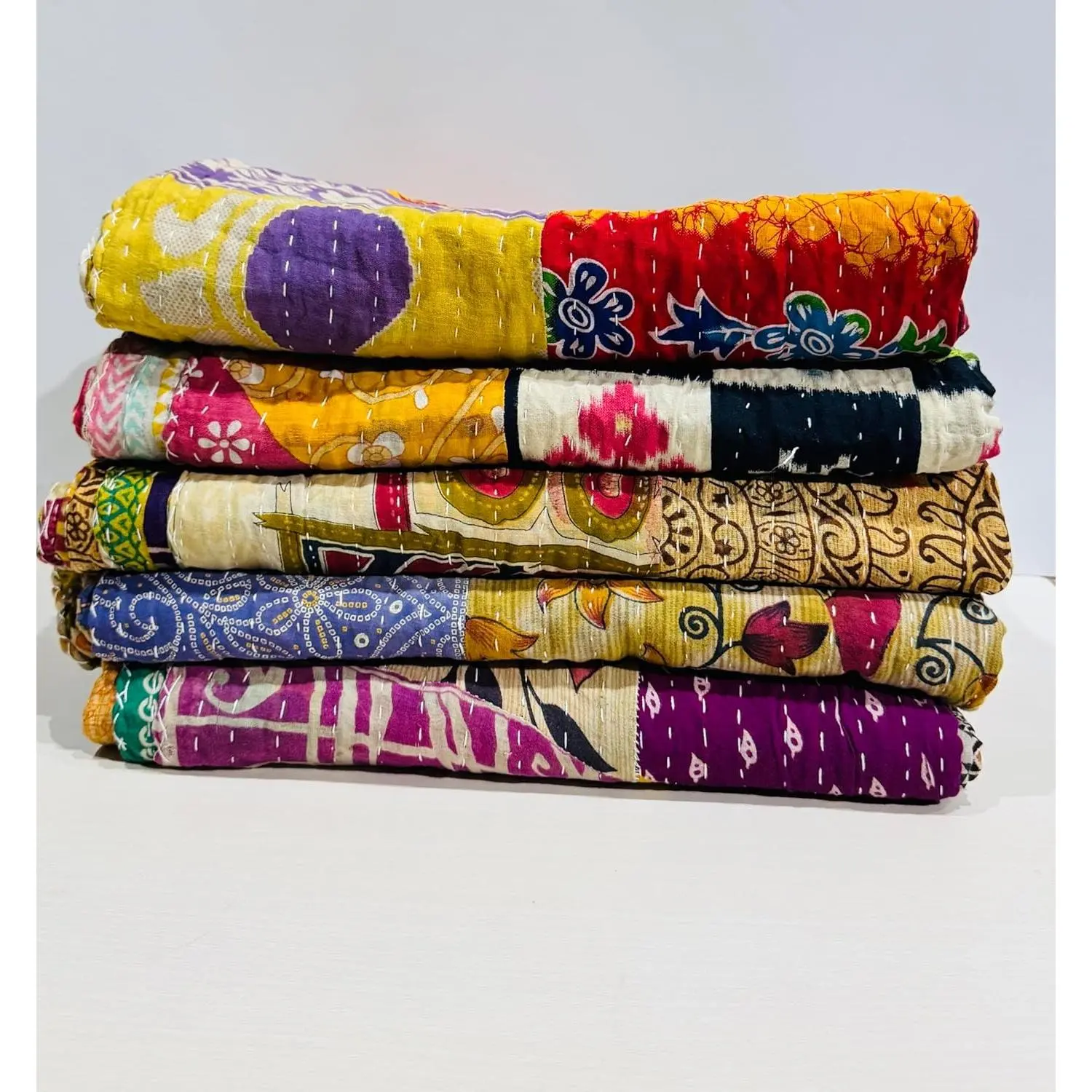 Handcrafted Pure Cotton Vintage Indian Kantha Quilt - 90x60 in Patchwork Blanket, Reversible Bohemian Home Decor Gudari Ralli Throw (Pack of 1, Assorted Colors)