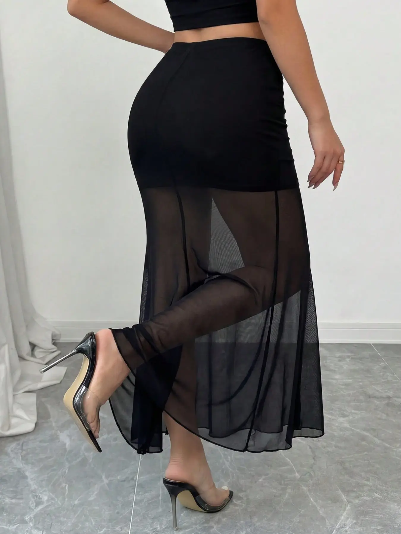 Plus Size Ruched Mesh Fish Tail Skirt, Ruched Mermaid Skirt, Sexy High Waist Conceal Flaws Sheer Long Dress, Office Date Night for Women