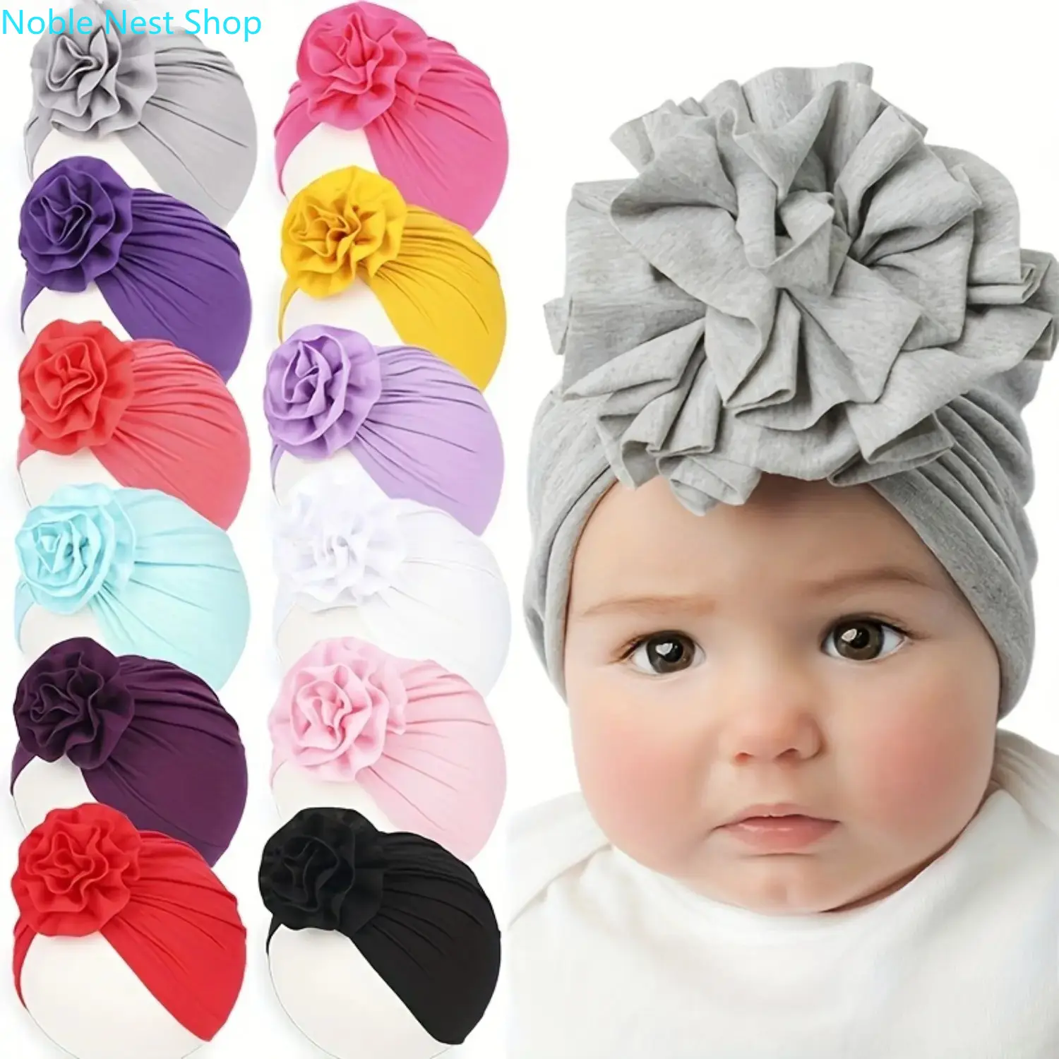 Kids 3-Piece Flower Hat Set - Soft Stretchy Skin-Friendly 0-3 Years Newborn Toddler Beanie Hats (Blue+Purple+Pink), Brimless Infant Headwear for Daily Wear & Baby Shower Gift