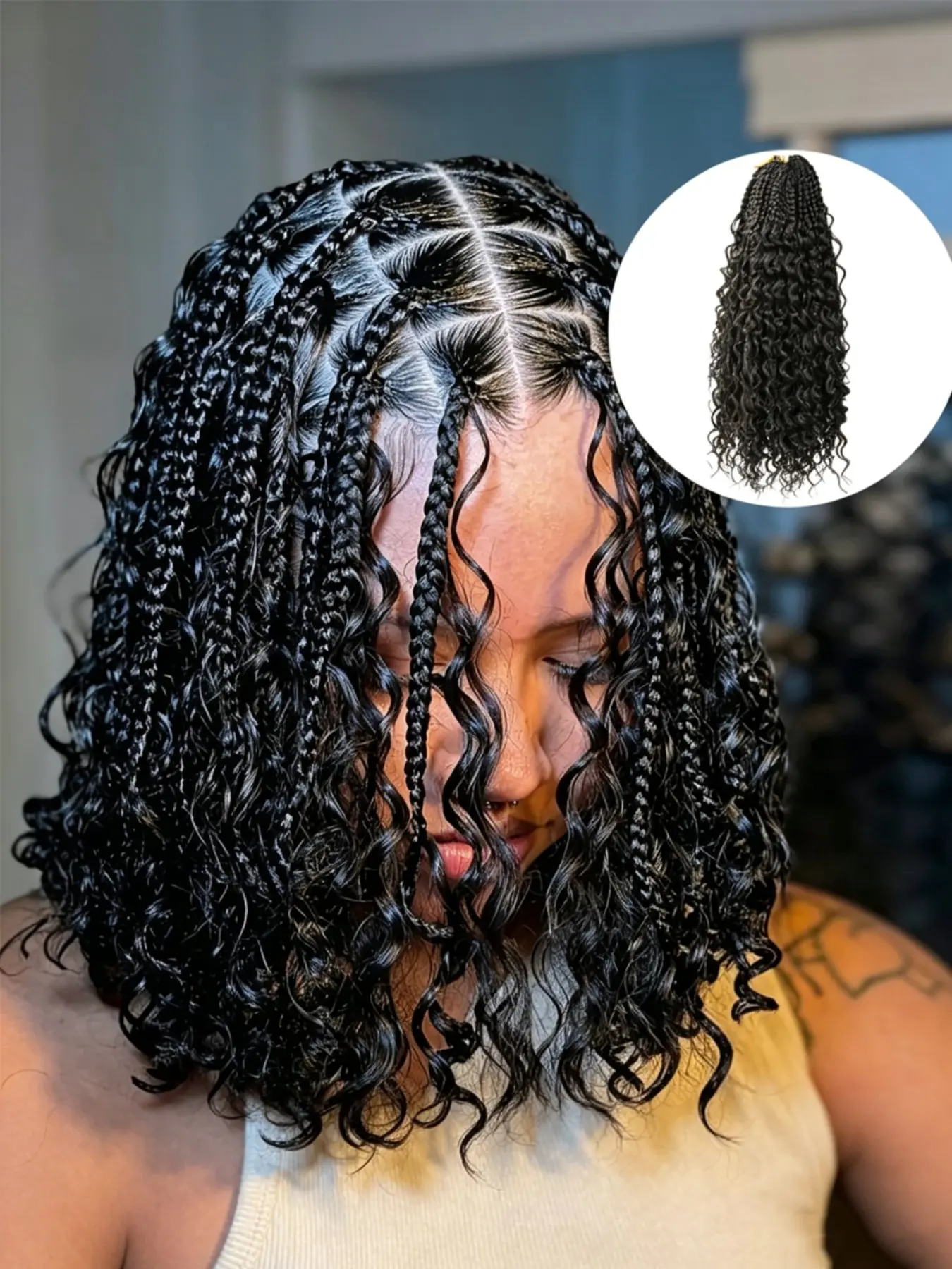 Goddess Box Braids Crochet Hair Boho Box Braids -14 Inch 3 Pcs Pre-Looped Textured Goddess Curly Wave Hair Extensions Unisex Braids Volume & Length For Daily Wear & Special Events Hairpiece, Artificial Hair Extension