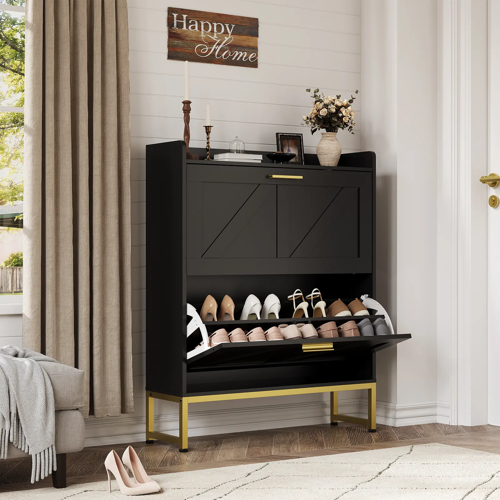 Double-Layer Flip Drawer Entryway Shoe Cabinet, Vintage | Adjustable Shelves, Dustproof Back Panel, for Entryways & Hallways,dorm room inspo,college dorm essentials,dorm haul