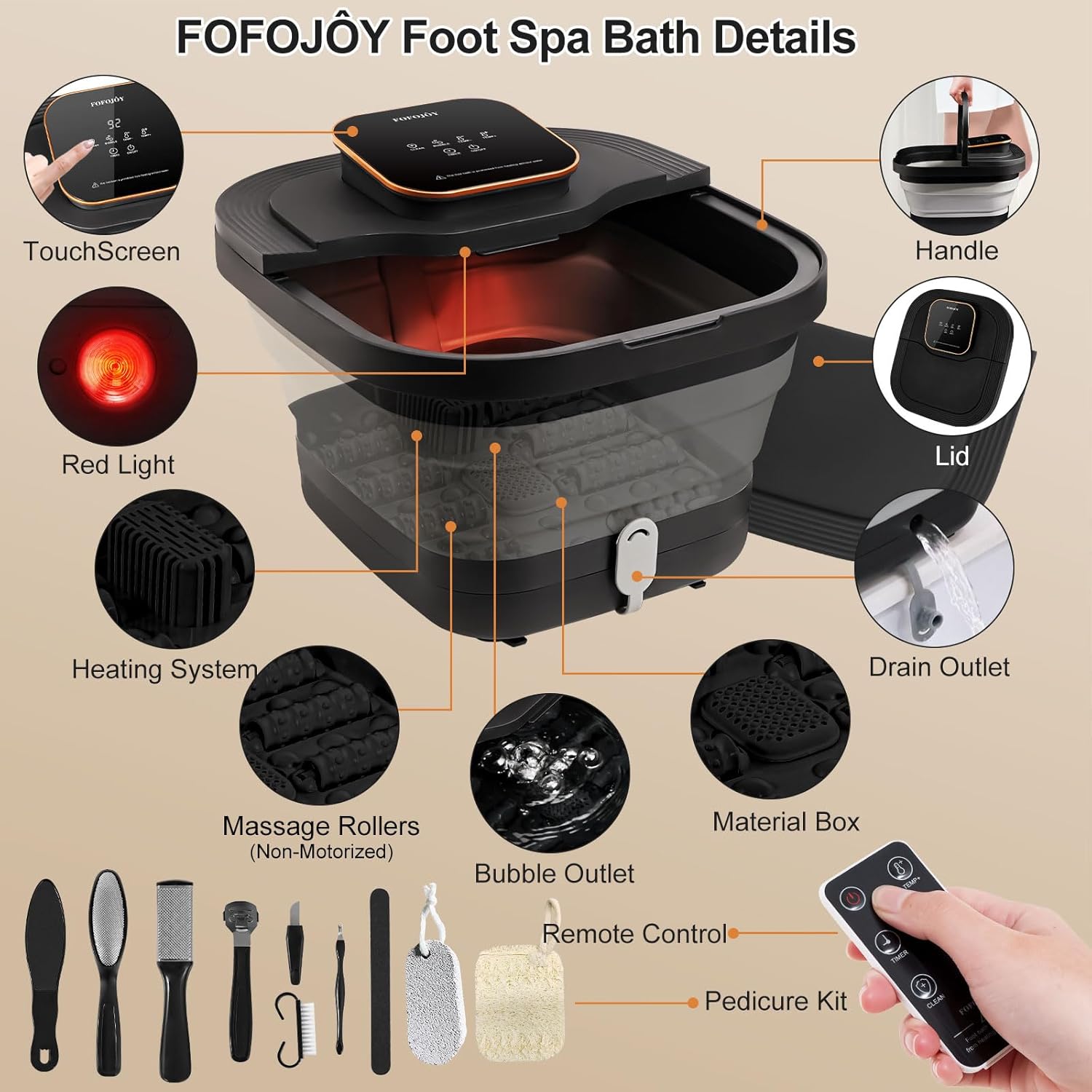 Collapsible Foot  Bath with Heat and Massage Roller, Bubble, Temperature Control, Remote Control, Foot Pedicure Kit, Pedicure Foot
