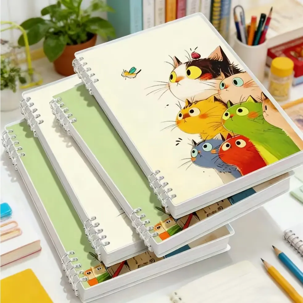 [Back-to-school gift] Notebook & Pens Set, Cute Cartoon Cat Design, Detachable Learning Spiral Binding, Spiral Coil Notebook, Suitable for School, Office Or Diary, Cute Notebook, school supplies