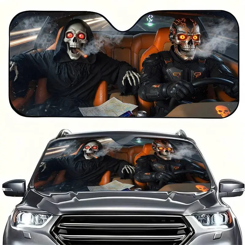 Smoking Skull Car Sun Shade,Foldable Design Windshield Sun Shade UV Protection Keeps Interior Cooler Fit for Hatchback, Truck, SUV, MPV