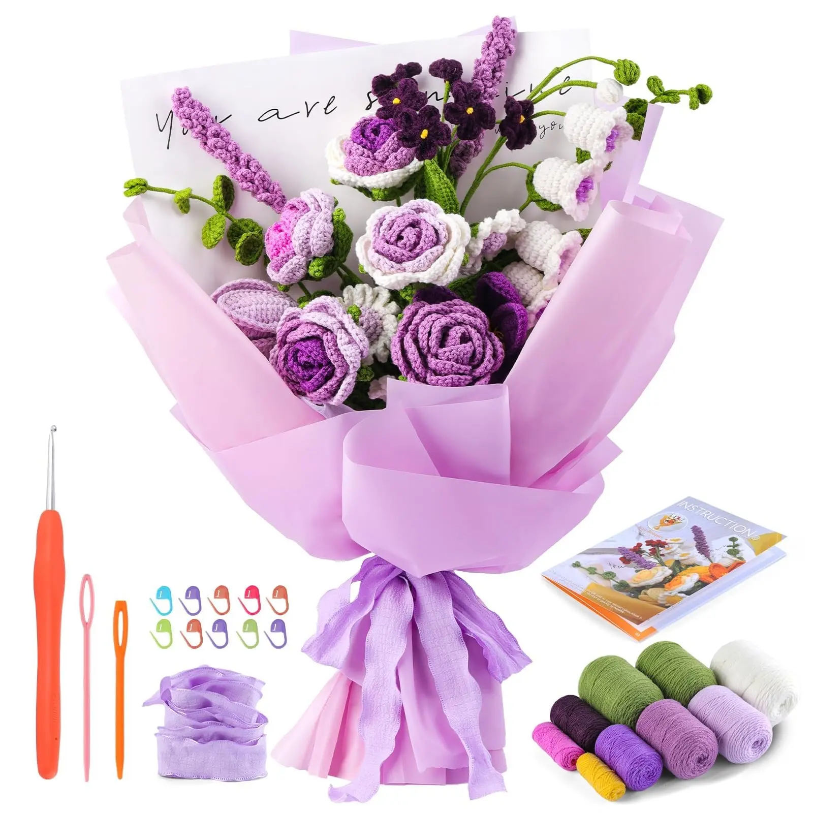 Beginner Crochet Kit – Flower Bouquet Crochet Set with Step-By-Step Video Tutorial, Perfect for Birthdays, Anniversaries, Home Decor