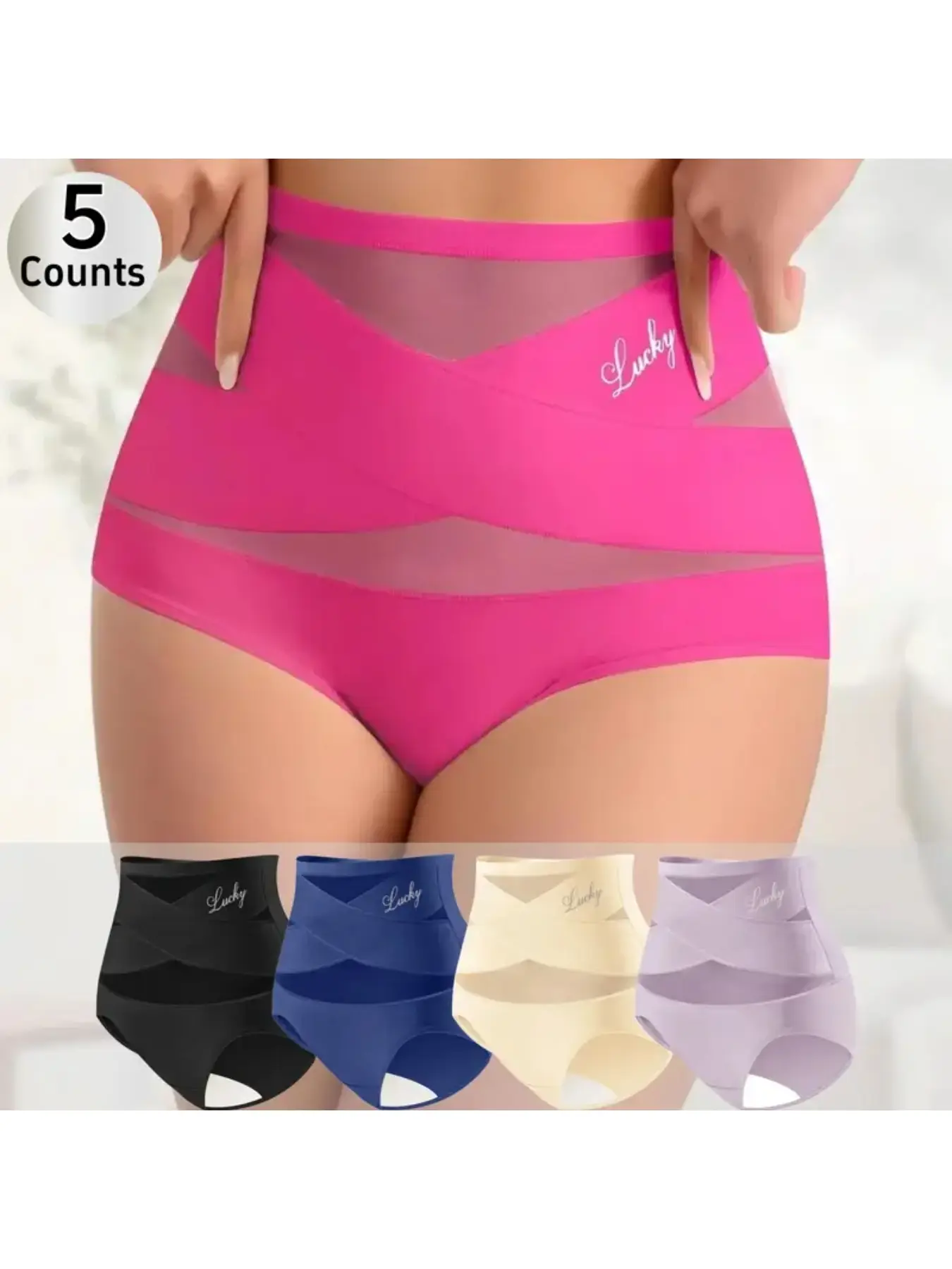 Lucky  Women's High-Waist High-Cut Seamless Mesh Panties  - Comfortable Fabric Shapewear Briefs, Slimming Lingerie for Women, Lightweight, Breathable, Smooth, Fitted Basic Everyday Underwear