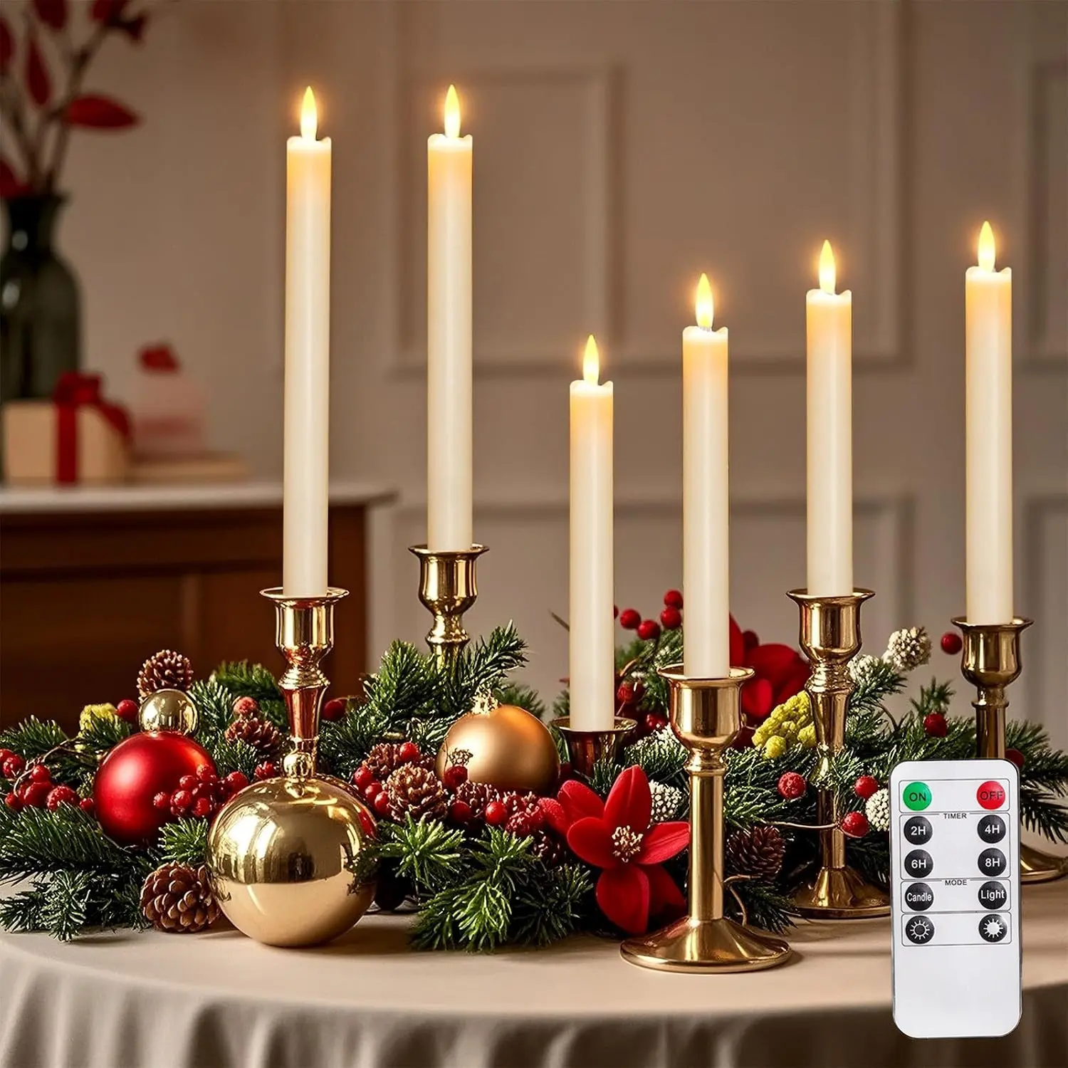 LED Flameless Taper Candles White Real Wax 3D Wick Flickering, Battery Operated with 10-Key Remote Control Timer, Decor Candles for Dinner Wedding Christmas Holiday, Decor Lighting