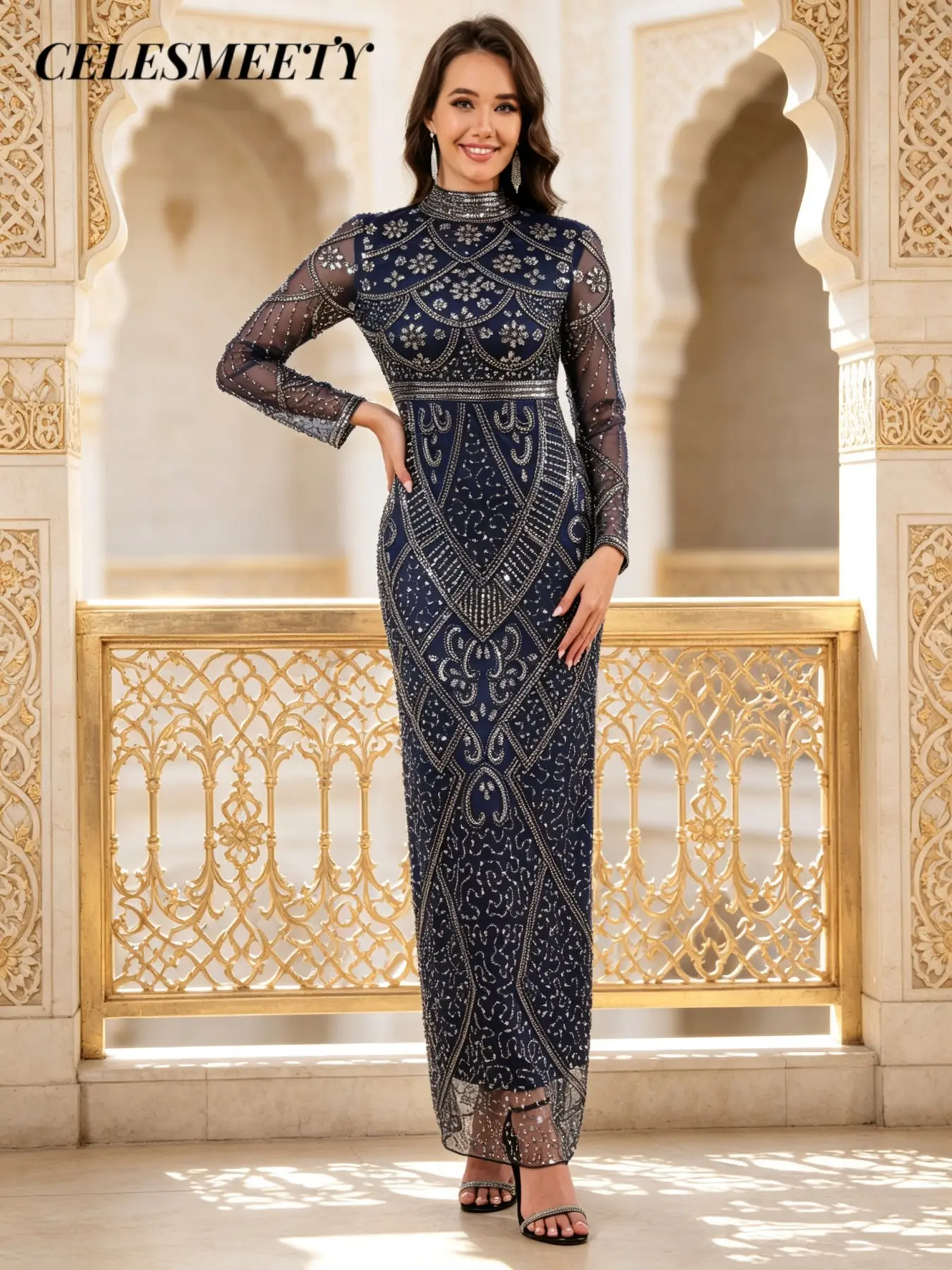 Celesmeety Women's Elegant Muslim Dress, Sequin Embroidery, Sheer Long Sleeve, Perfect for Party, Wedding, All Seasons, Classy Modest Dress