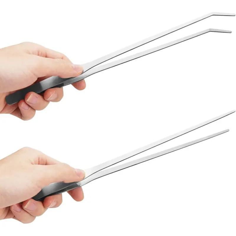 Stainless Steel Aquarium Tweezers 2-Piece Set - 10.6in Straight & Curved, Reptile Feeding Tongs for Safe Handling of Reptiles/Fish, Fish Tanks, Plants, Decorations, Terrariums & Snake Tank Accessories, Tweezers Set