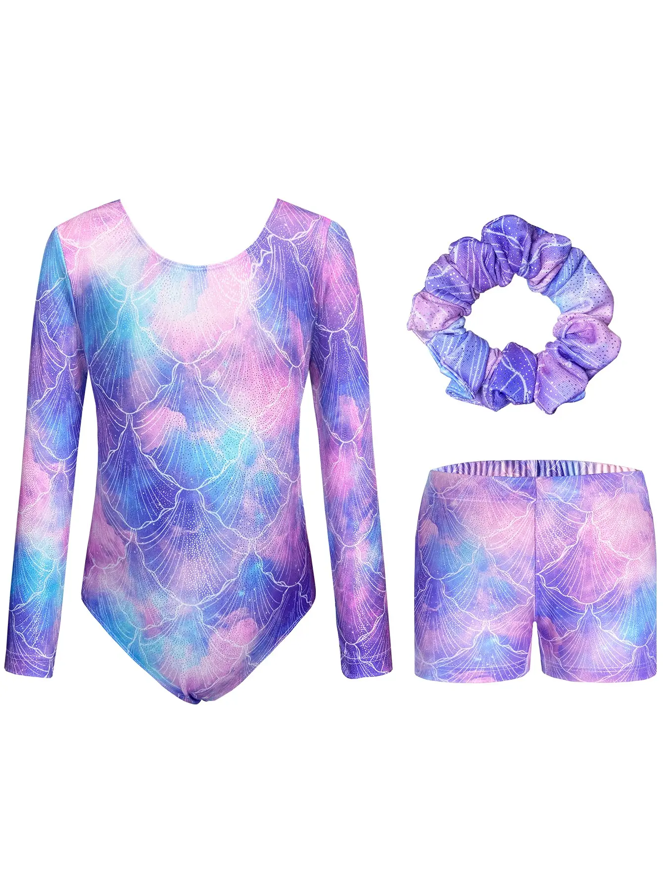 Girls’ gymnastics leotard set: long-sleeved, round-necked leotard, shorts, hair tie, gradient mermaid print, dance outfit, athletic training clothing, sports clothing set. Elastic, tailored fit, can be worn externally, Kids Girls Clothing. 3pcs