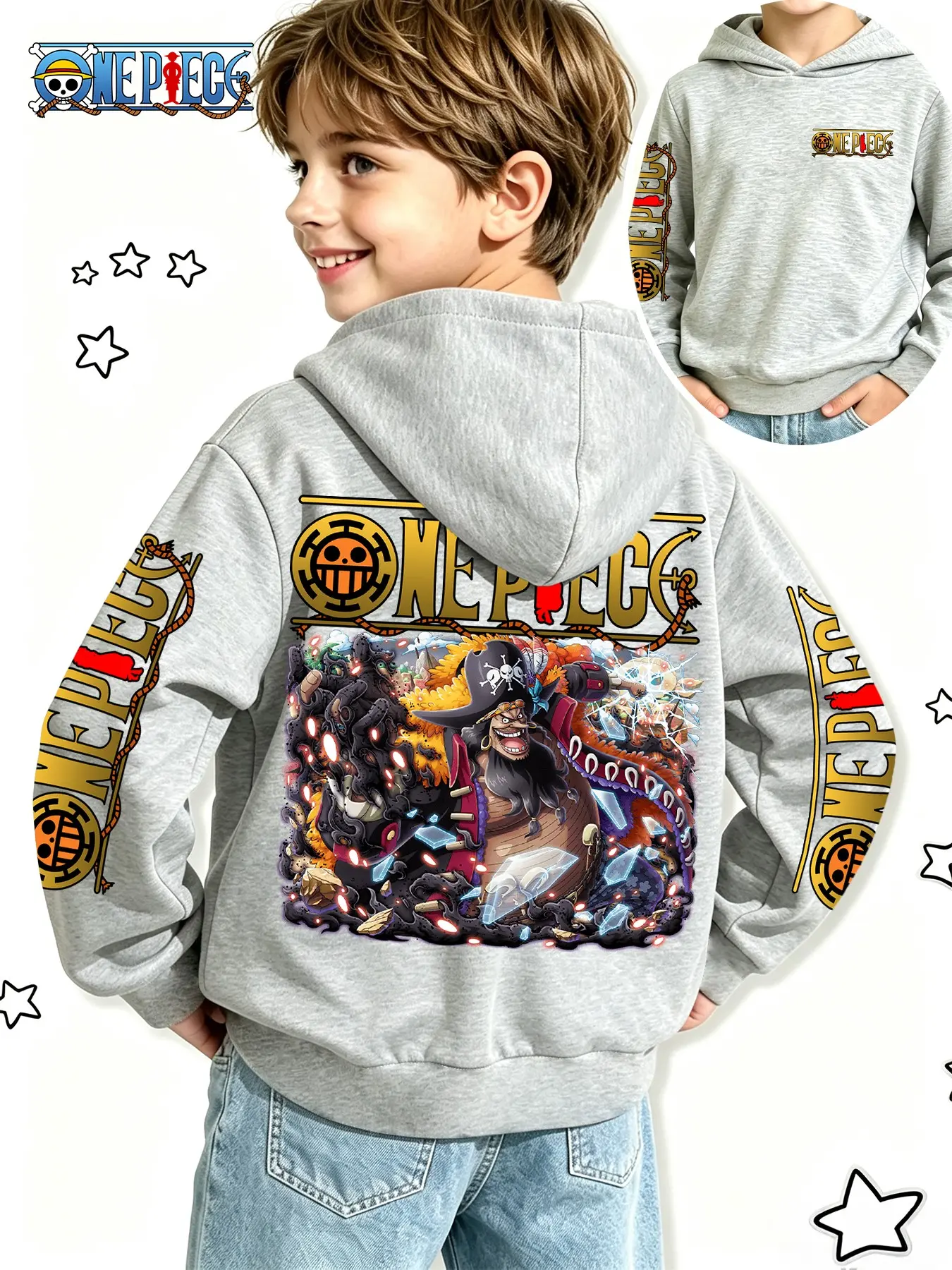 One Piece Boys' Anime Sweatshirt, Blackbeard Battle Print, Spring & Fall Casual Loose Fit, Perfect for Gifts & Daily Wear