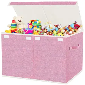 Large Collapsible Toy Storage Box with Lid & Handles Kids Organizer Chest for Toys Clothes Blankets Pink for Nursery Playroom Bedroom 24.5''×13''×16''