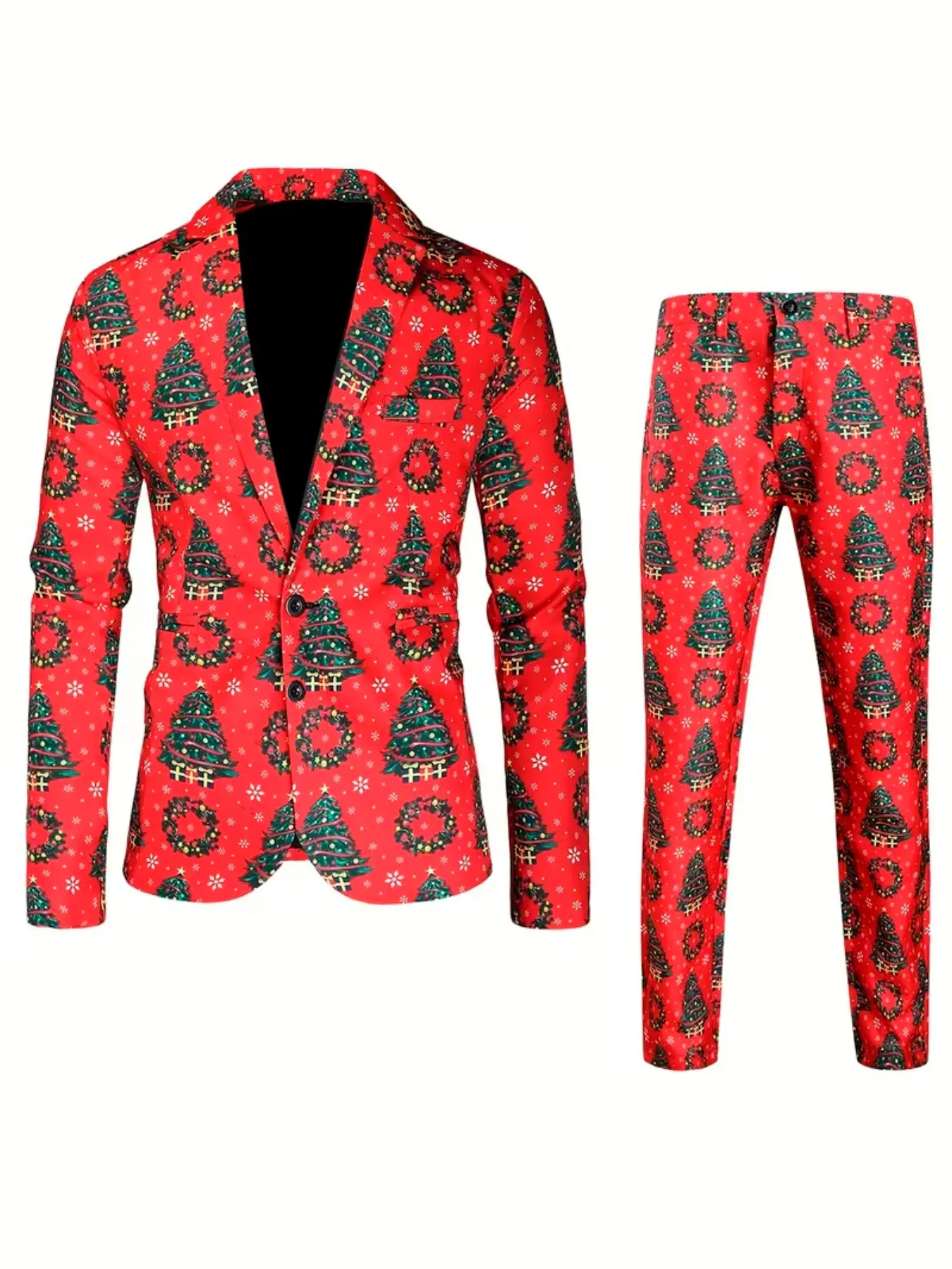 Men's Christmas Tree Print Blazer Set, Party, Digital Print Suit and Pants, Spring & Fall Fashion, Long Sleeve, Casual Style