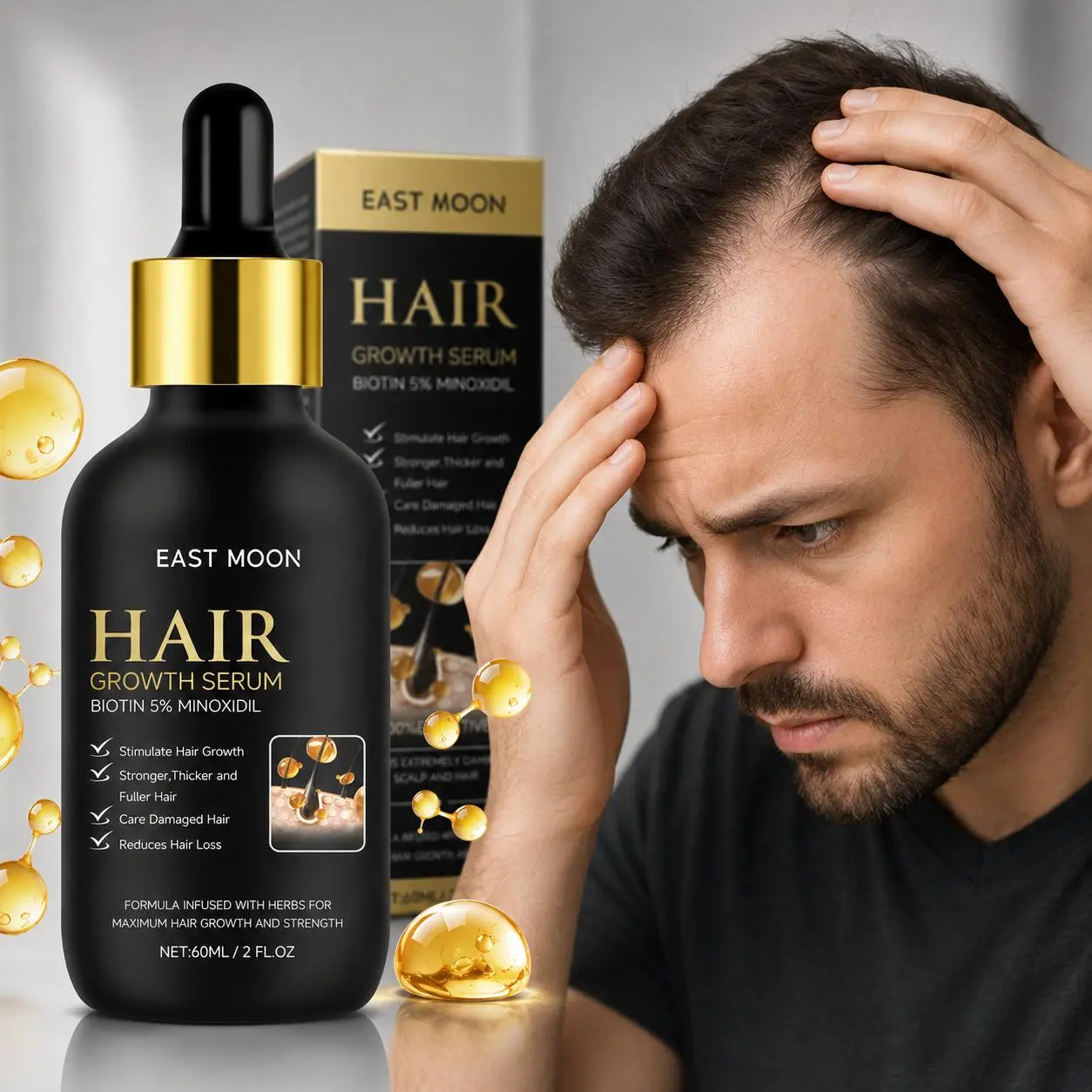 5% Minoxidil & Biotin Hair Growth Serum, 60ml Single Bottle Lightweight Daily Apply Scalp Treatment for All Types of Hair, Moisturizes & Reduces Shedding for Men & Women, Haircare with Dropper
