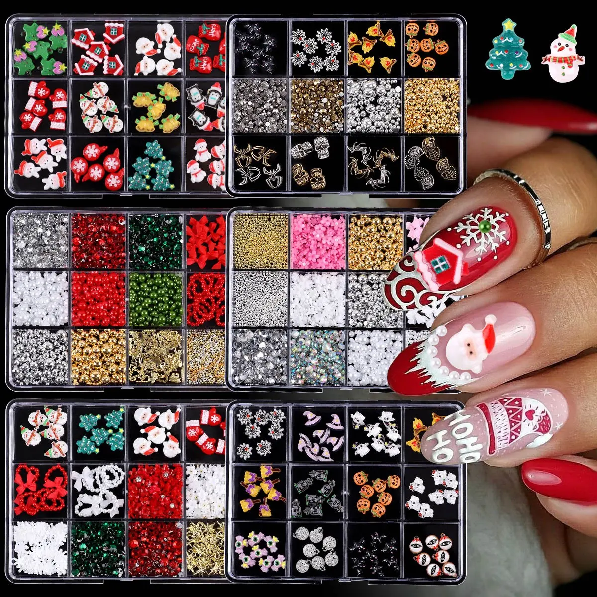 Christmas & Halloween Nail Art Resin Charm Set, Santa, Penguin, Snowman, Tree, Ghost, Pumpkin, Bat, DIY Nail Decorations, Nail Charms