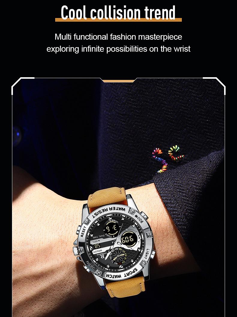 Men's Military Sport Digital Analog Quartz Watch - 50M Waterproof Wristwatch with LED Backlight, Dual Time, Alarm, Stopwatch, Tactical Outdoor Watch for Men, Brown Leather Strap, Perfect Gift for Him