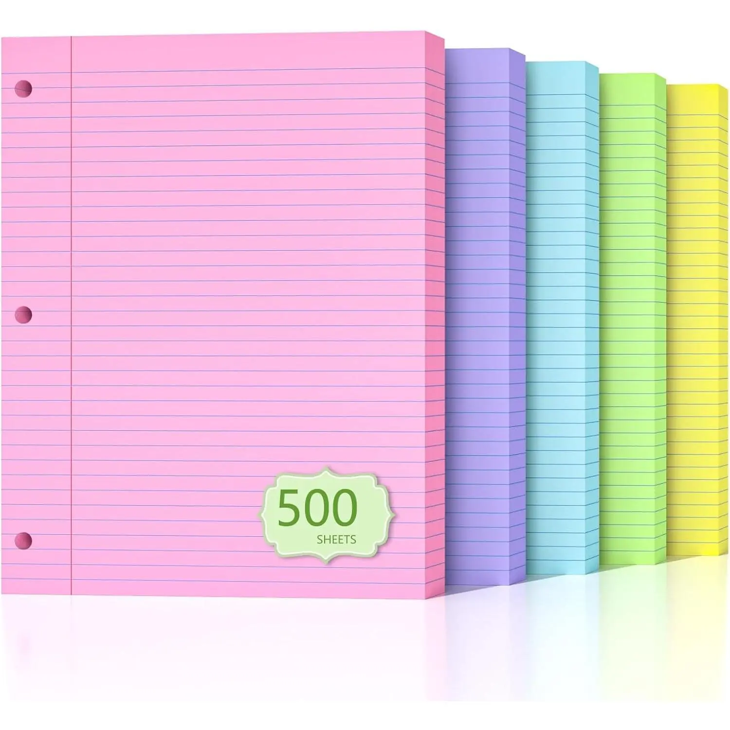 500 Sheets Loose Leaf Paper 8" x 10.5" Colored Filler Paper College Ruled 3-Hole Punched Lined Paper Notebook Paper for 3-Ring Binders Notepad Writing Note Pads Ideal for Home, School, Office
