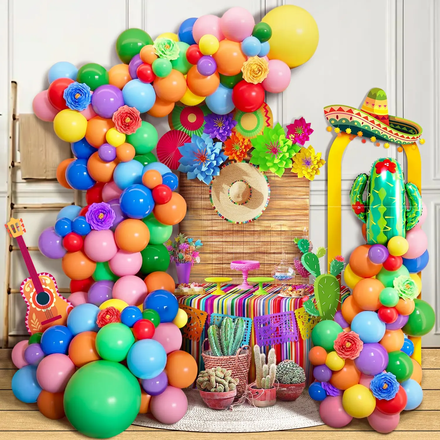 135pcs Vibrant Mexican Fiesta Balloon Garland Arch Kit, Cactus & Sombrero Foil Balloons, Colorful Latex Balloon Set for Parties, Party Balloons Decorations
