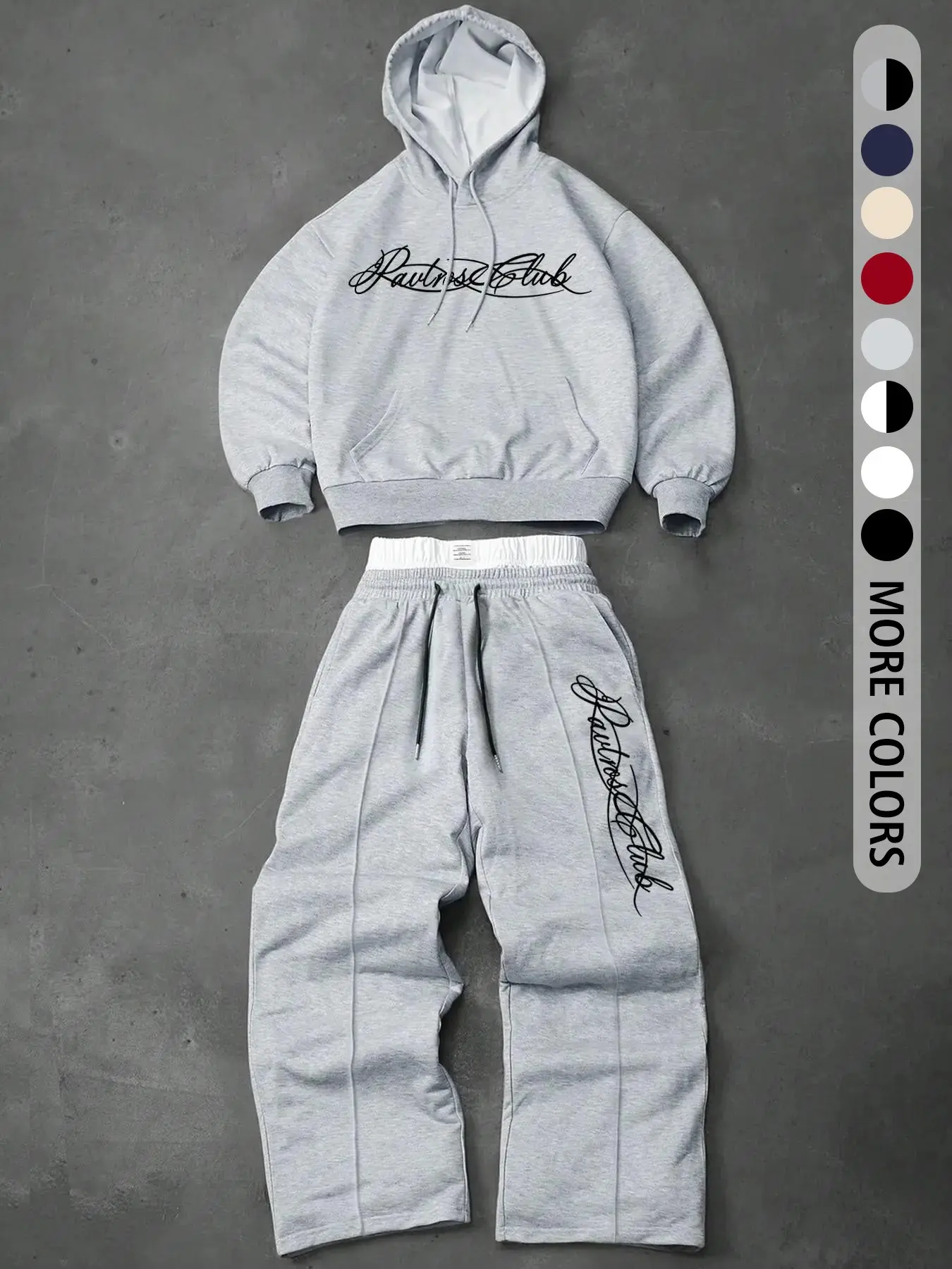 American Style Simple Floral Handwritten Letter Hoodie Set for Men, Loose-Fit Straight Leg Sweatpants Two-Piece Set, Streetwear Suit
