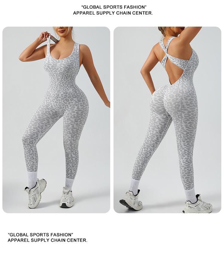 Leopard print cross back seamless one-piece yoga suit fitness sports jumpsuit leggings